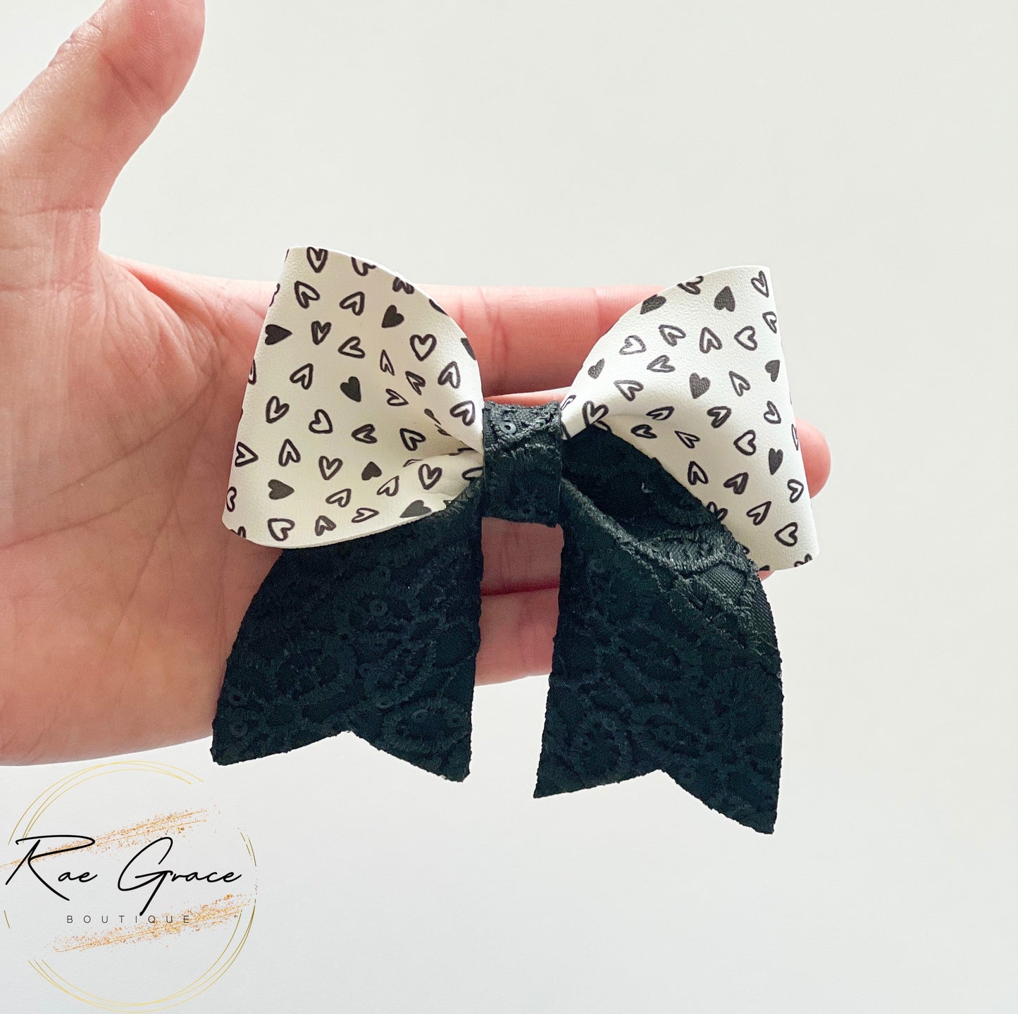Black and White Hearts Twirl Hair Bow
