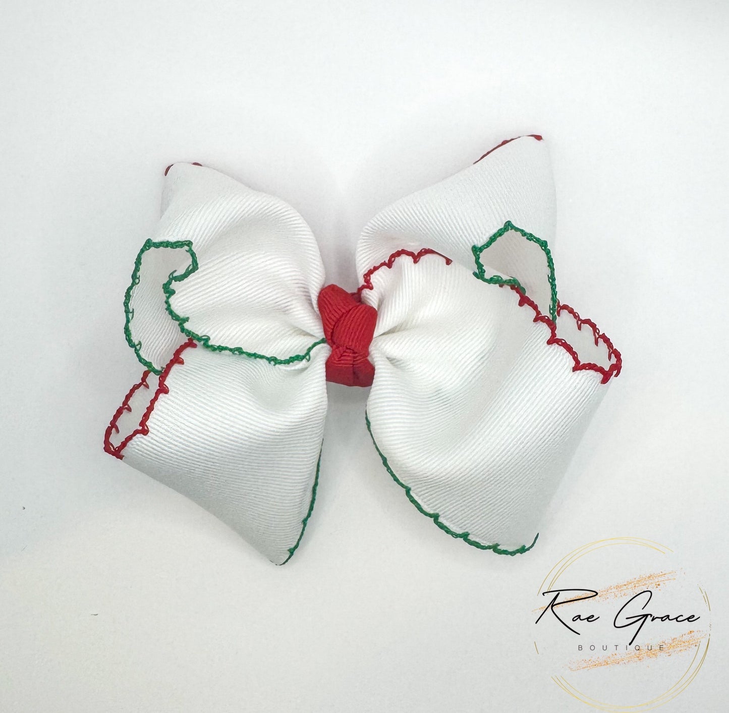 White Grosgrain Ribbon with Red and Green Moonstitch