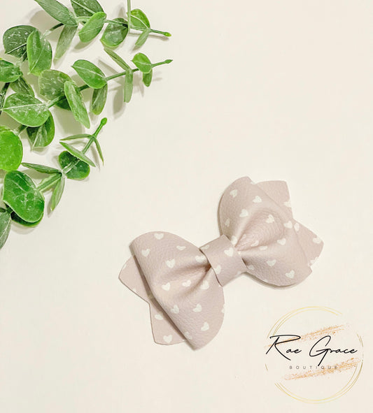 Beige and White Hearts Pinch Hair Bow